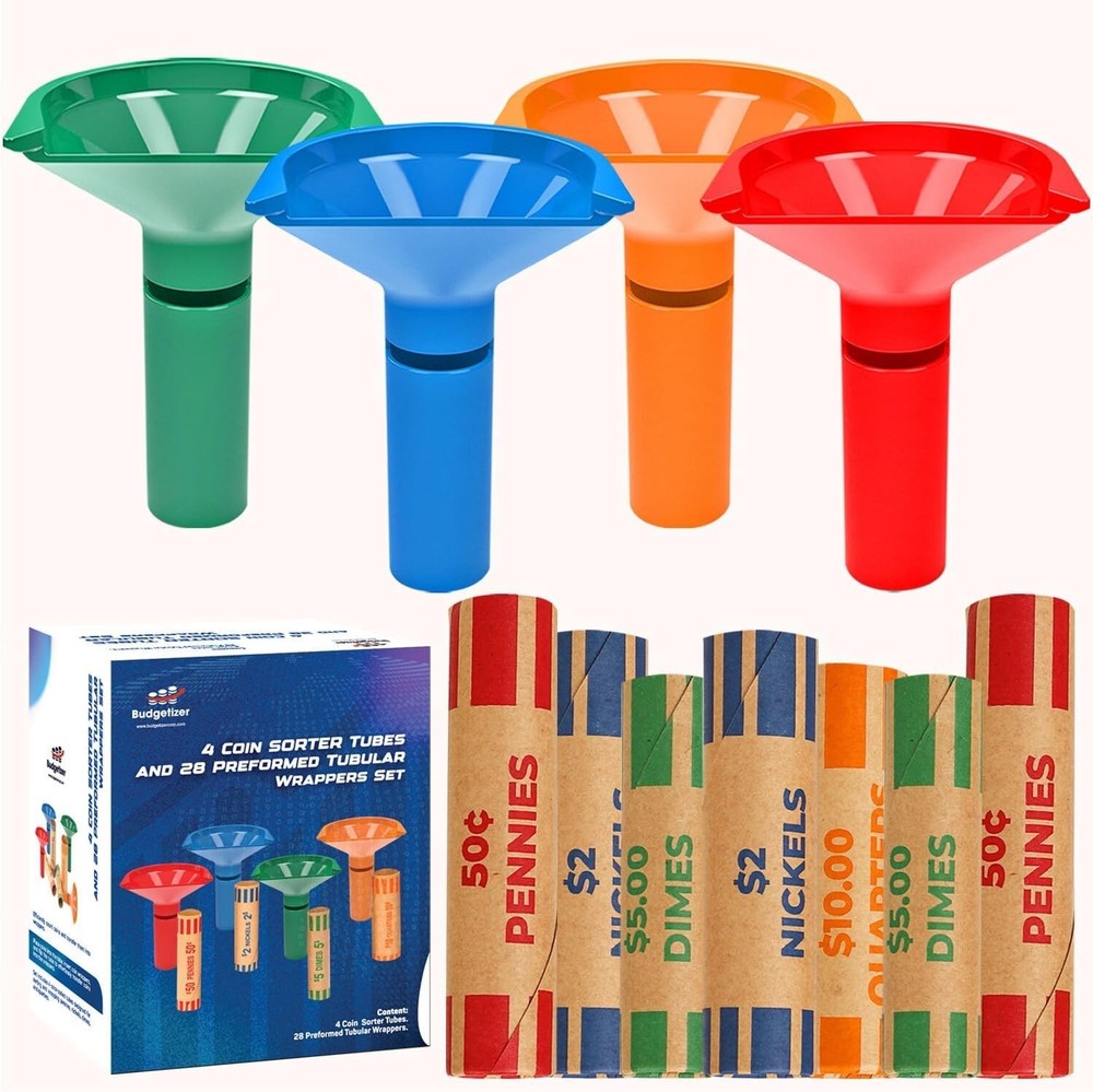 Complete Coin Sorting and Wrapping System - 4 Tubes with 28 Color-Coded Wrappers