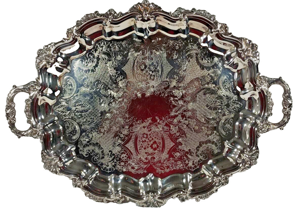 Antique Sheffield Silver Plated Serving Tray Seashell Scrolls Rococo No Monogram