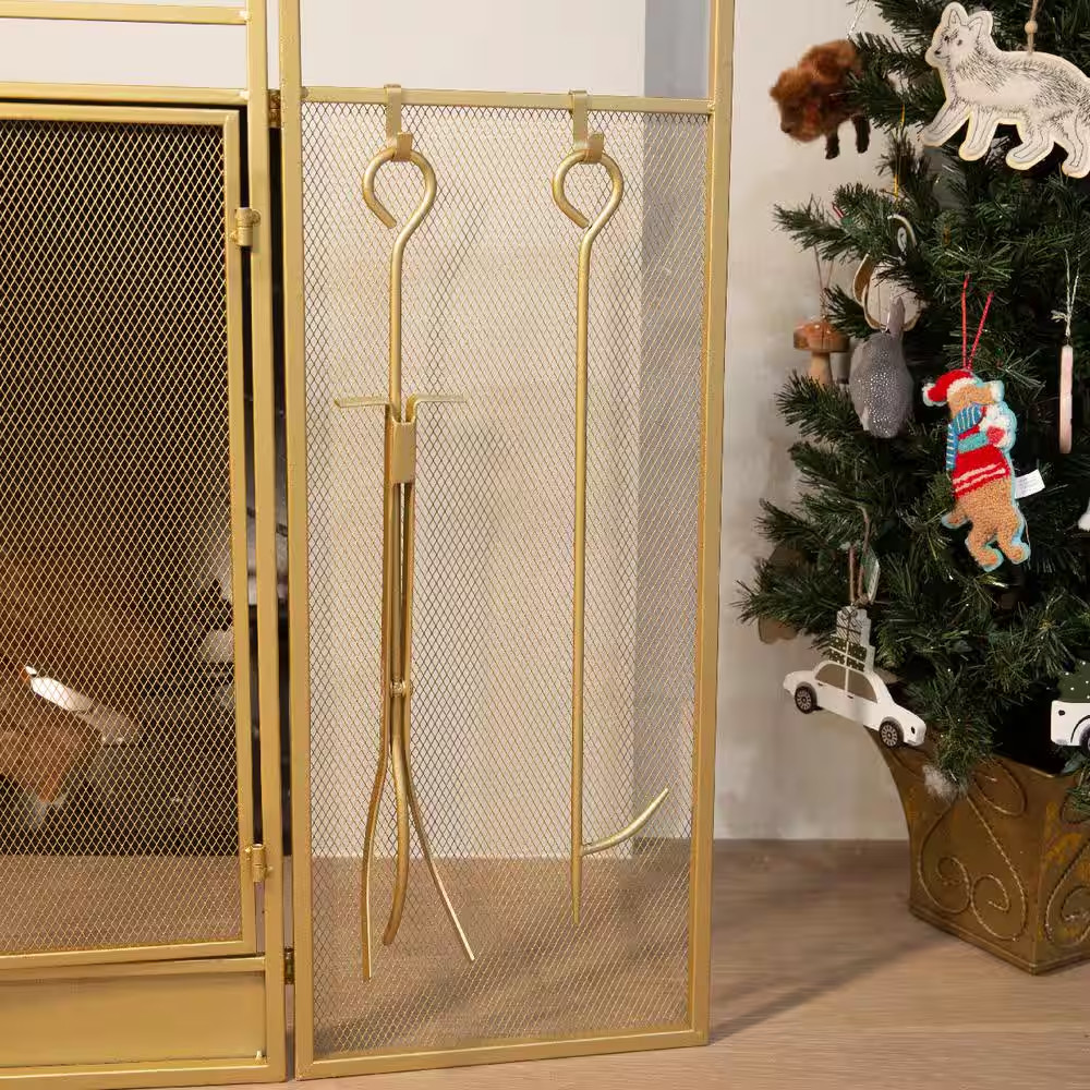 48 In. Fireplace Screen Gold 4-Panel Fire Spark Guard Hinged Doors with Fireplac