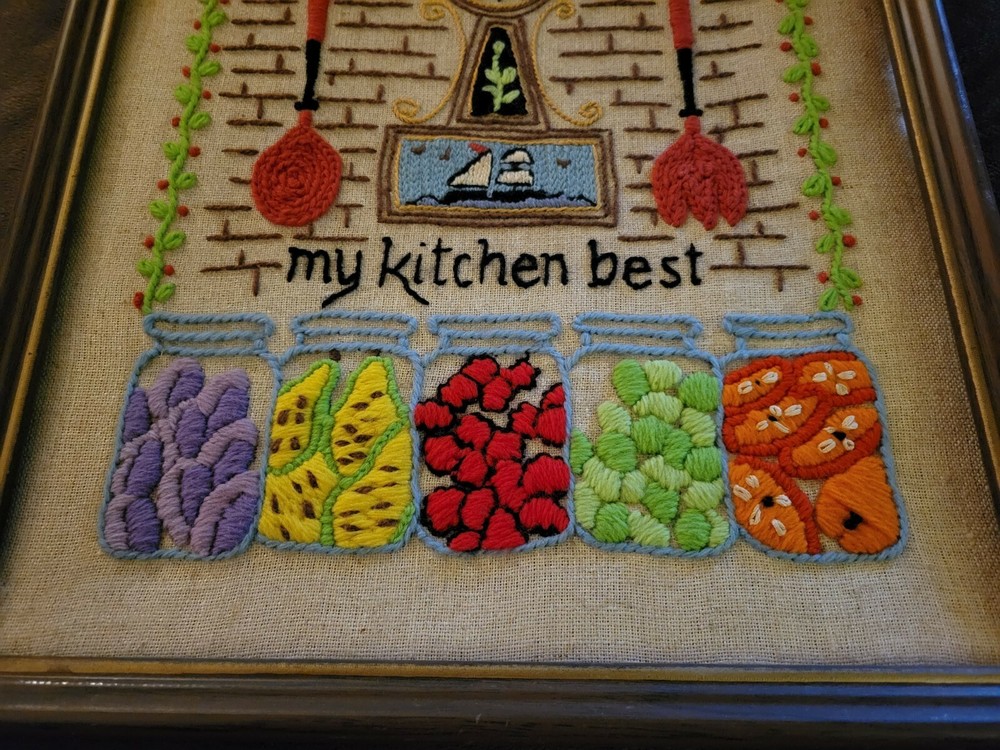 Vintage Embroidered Kitchen Art Work In Frame
