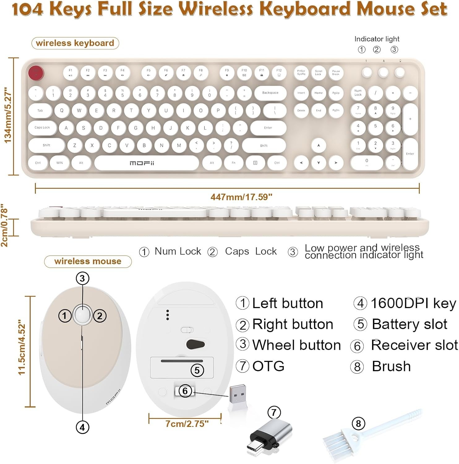 Wireless Keyboard and Mouse Combo Ergonomic White 104 Keys for PC/Laptop/Phone
