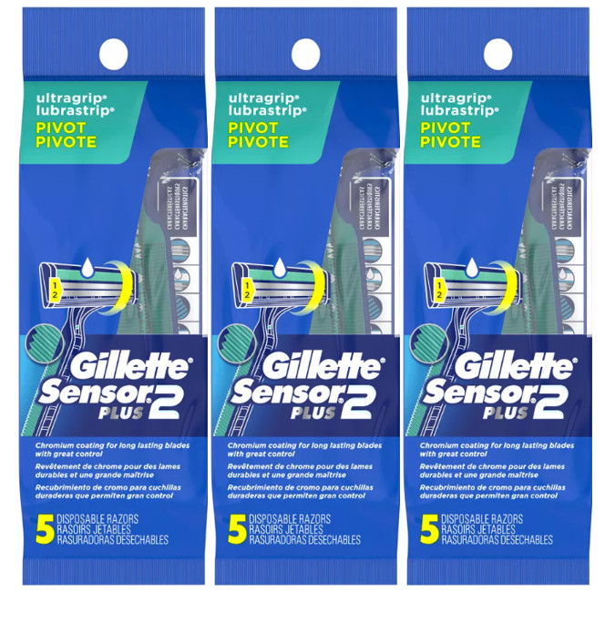 (15)Gillette Sensor 2 Plus Disposable Razors - 5ct: 2 Blades  (3 pack =15)