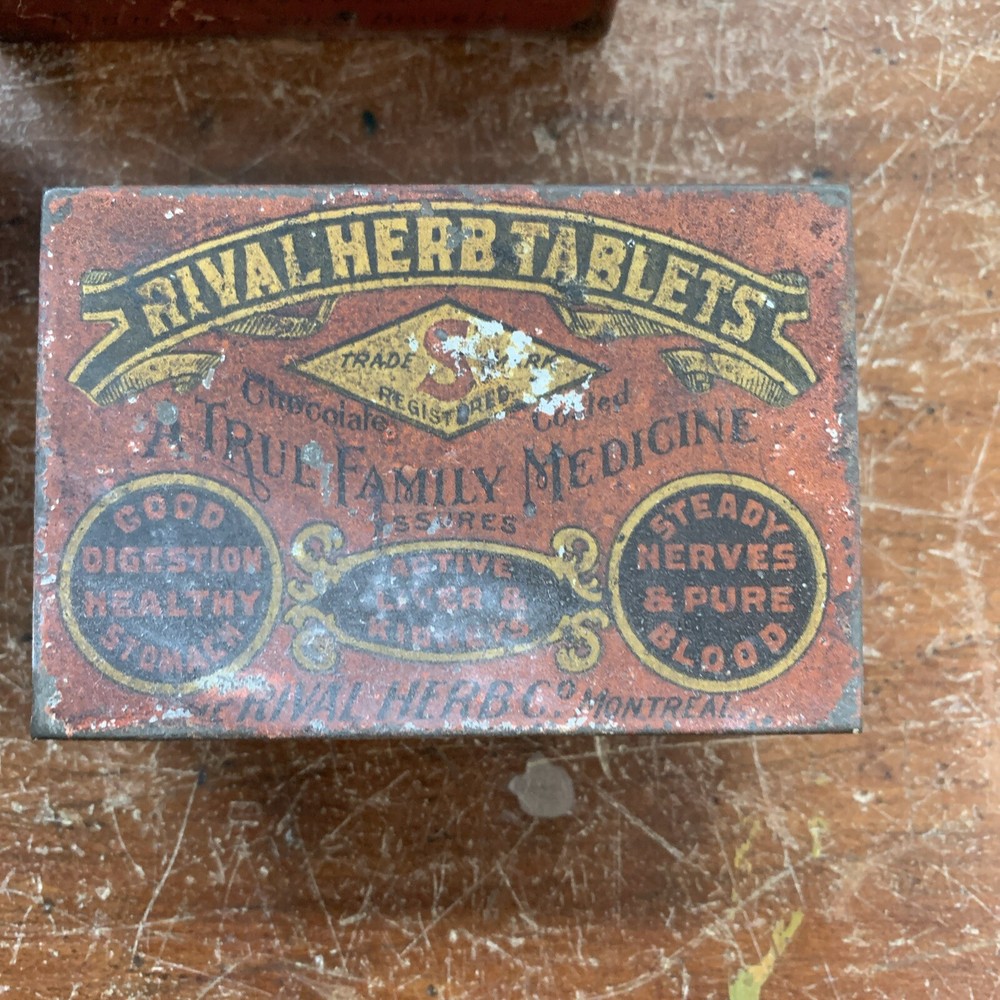 3 EMPTY ANTIQUE EARLY 1900'S RIVAL HERB TABLETS ADVERTISING TIN