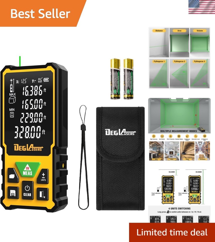 Precision Laser Measure - 328ft Green Laser Tool with Angle Sensor & LCD Display