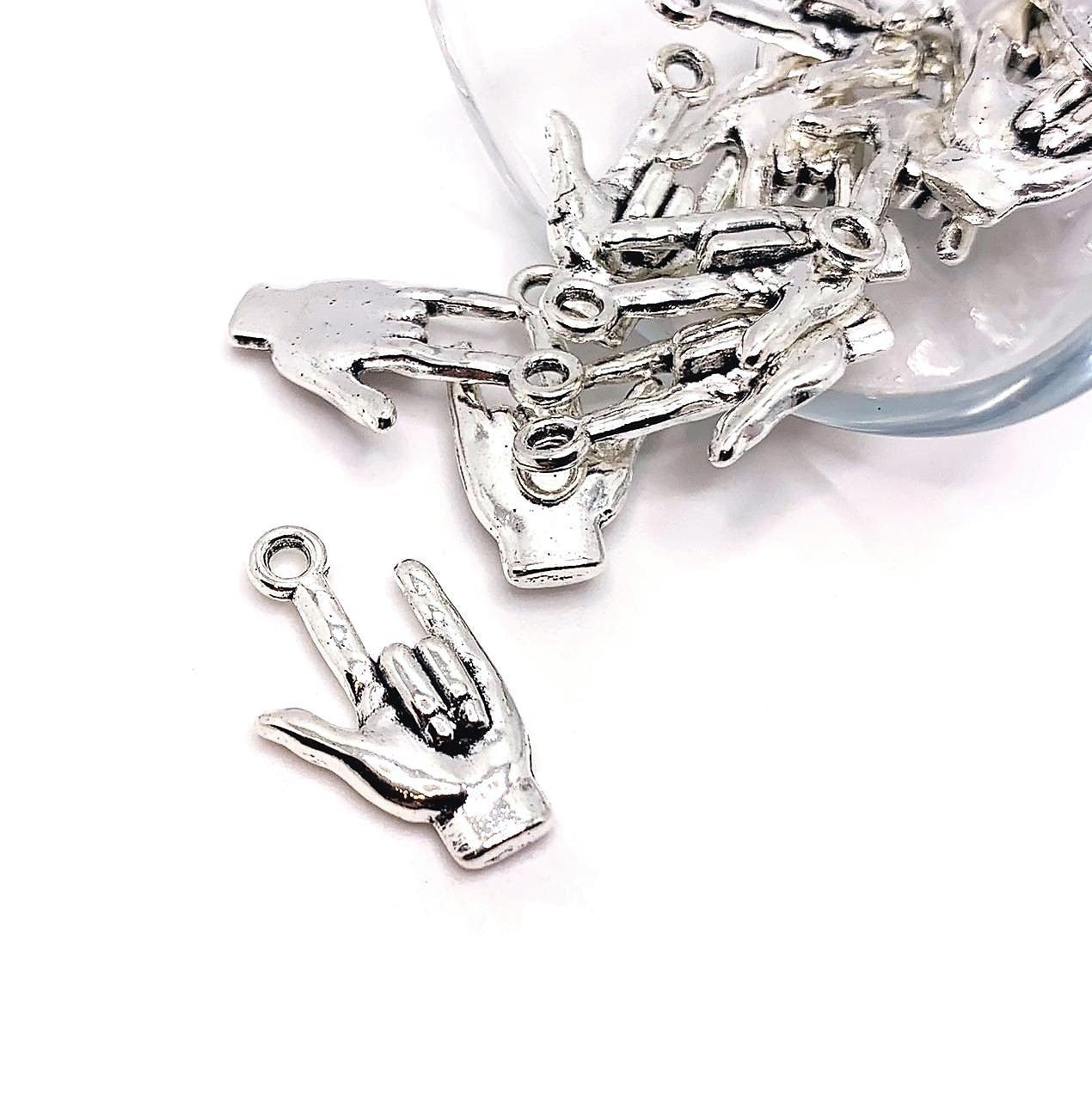 Silver ASL I Love You Sign Language 3D Charms, 22x12mm - US Seller