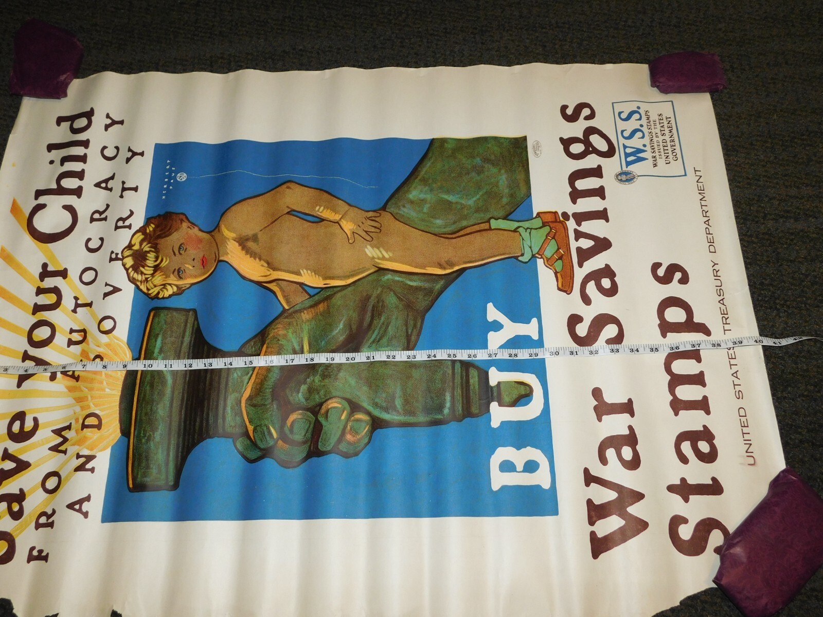 VINTAGE WWI WORLD WAR 1 SAVE YOUR CHILD SAVING STAMPS POSTER