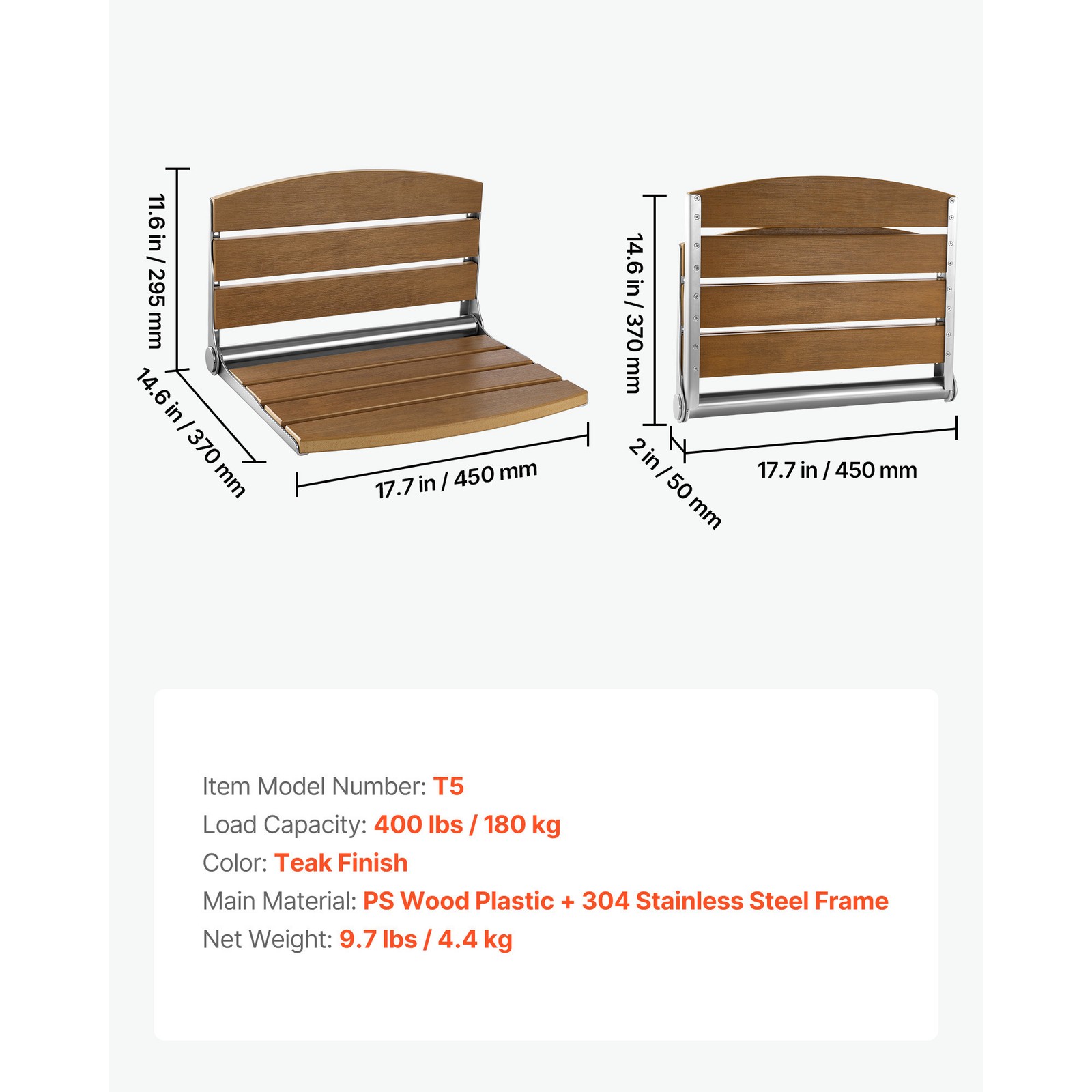 Uimoso Foldable Shower Seat Wall Mounted Folding Shower Bench 400LBS Capacity