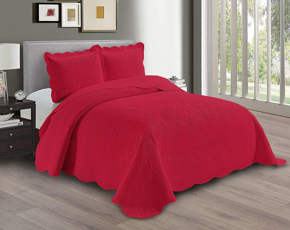 Embossed Coverlet Bedspread Set Oversized Solid Red Full/Queen Bed Cover Bedding