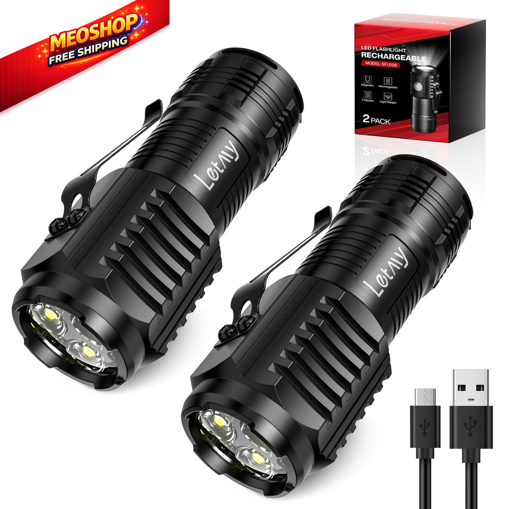 LETMY Rechargeable Mini Flashlights with Magnetic Base, 2 Pack 2 pack, Black