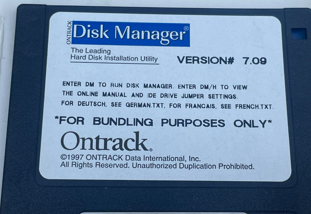 Ontrack Disk Manager, for Bundling Purposes Only, Version # 7.09