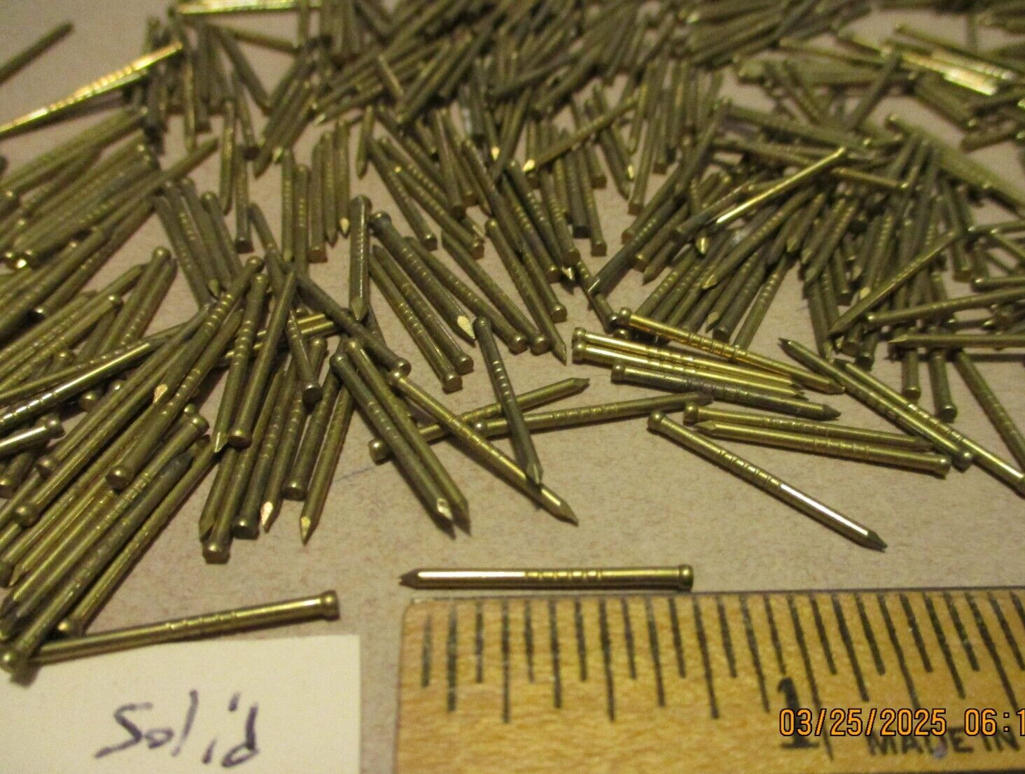 125 - ORIG. VINTAGE, 3/4" X 1/16" - SOLID BRASS FINISH NAILS MADE IN U.S.A.