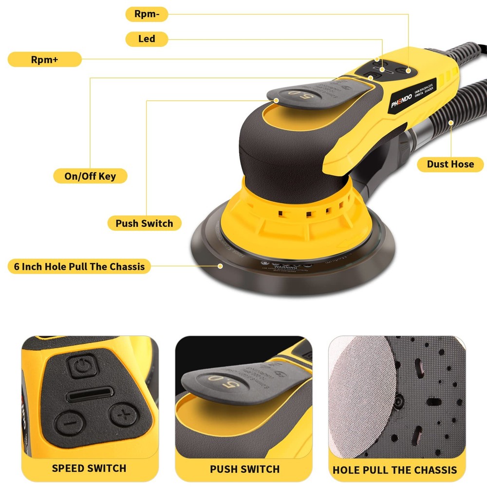 Electric Random Orbital Sander Brushless 350W 3A Multi-function Variable Speed C