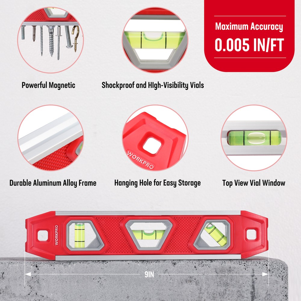 WORKPRO 9-Inch Torpedo Level Magnetic, Small Leveler Tool w/3 Different Bubbles