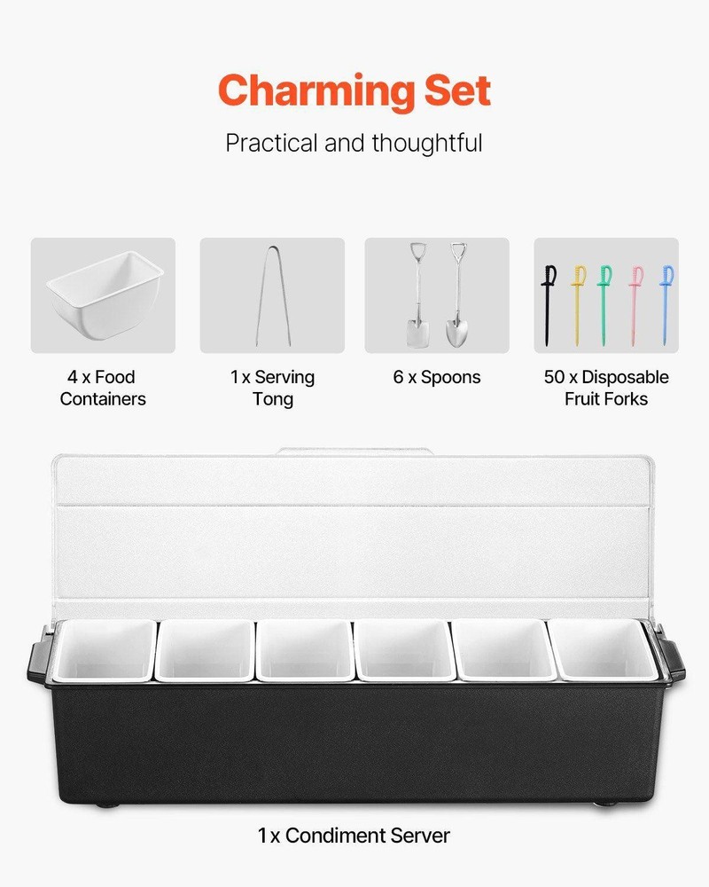 Chilled Condiment Server, 6 Compartment Ice Cooled Condiment Serving Container,