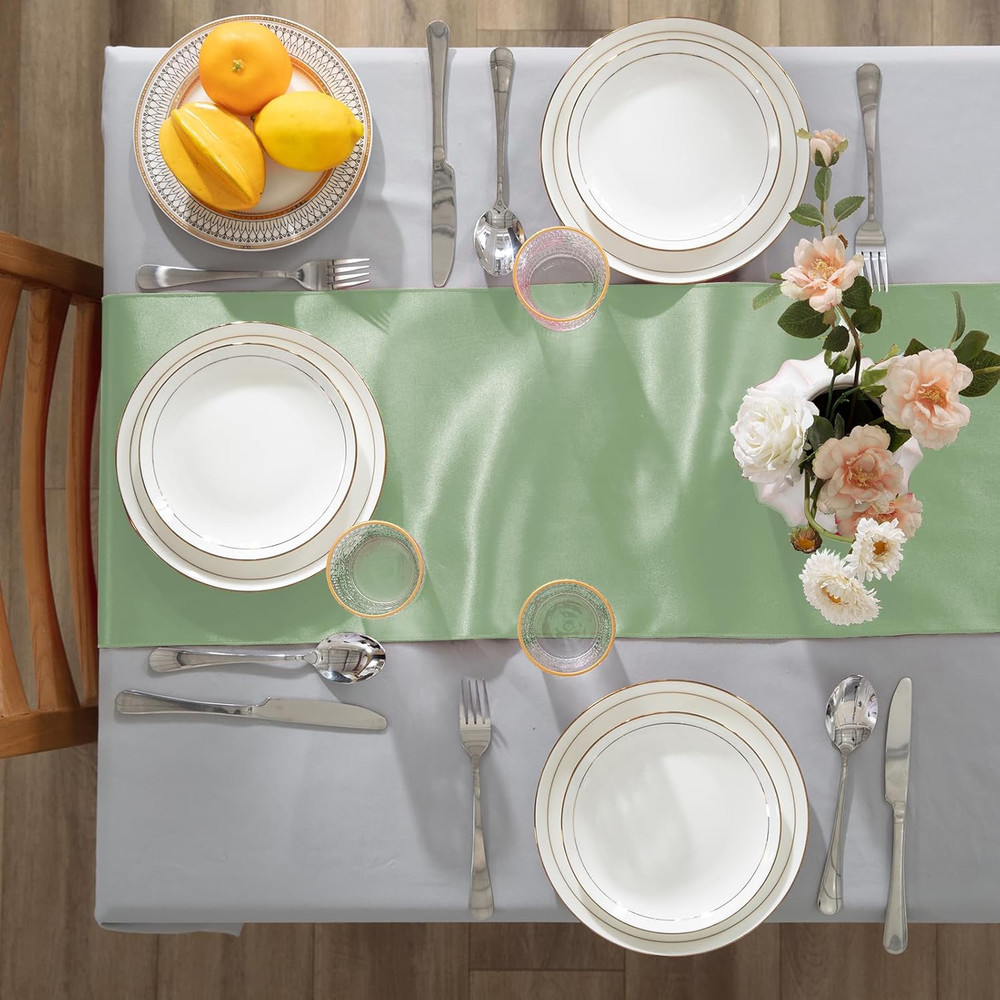 12 Pack Sage Green Table Runners 12 X 108 Inch, Rectangular Smooth Satin Silk Ta