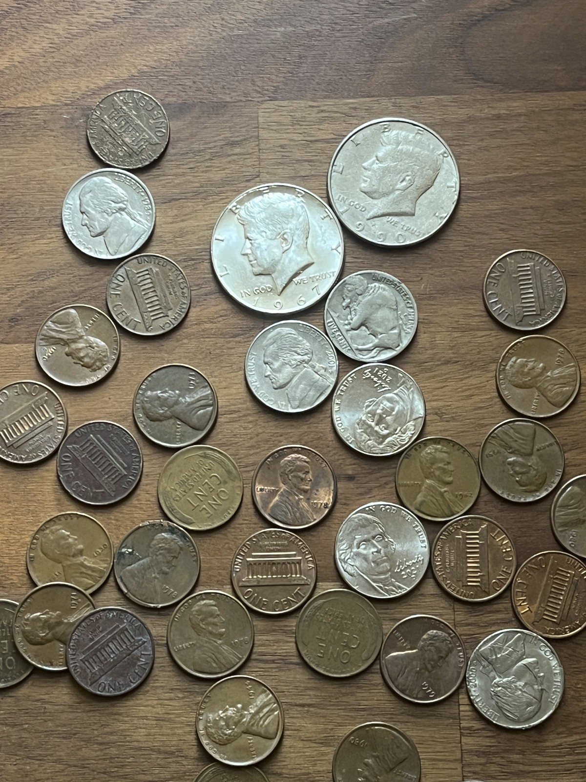 Silver Half Dollar Coin Hunt Lot – 2 Halves, Buffalo, Wheat Cents, Copper cents