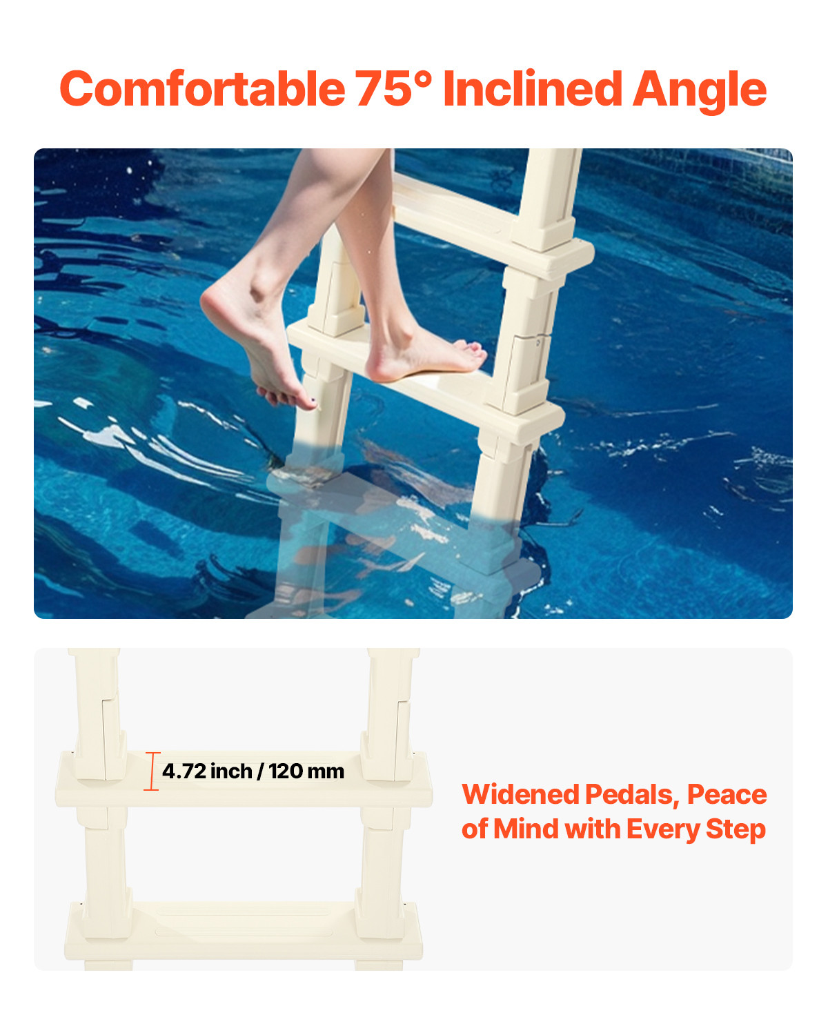 Inclined Pool Ladder 5-Step & 2 Handrails of 300 lb Capacity for 48-54 In Pools