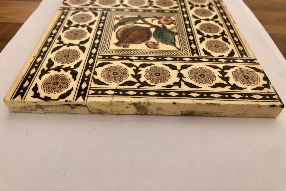 Antique English Brown Transferware Tile ~ Pomegranate Pattern Circa. 1885