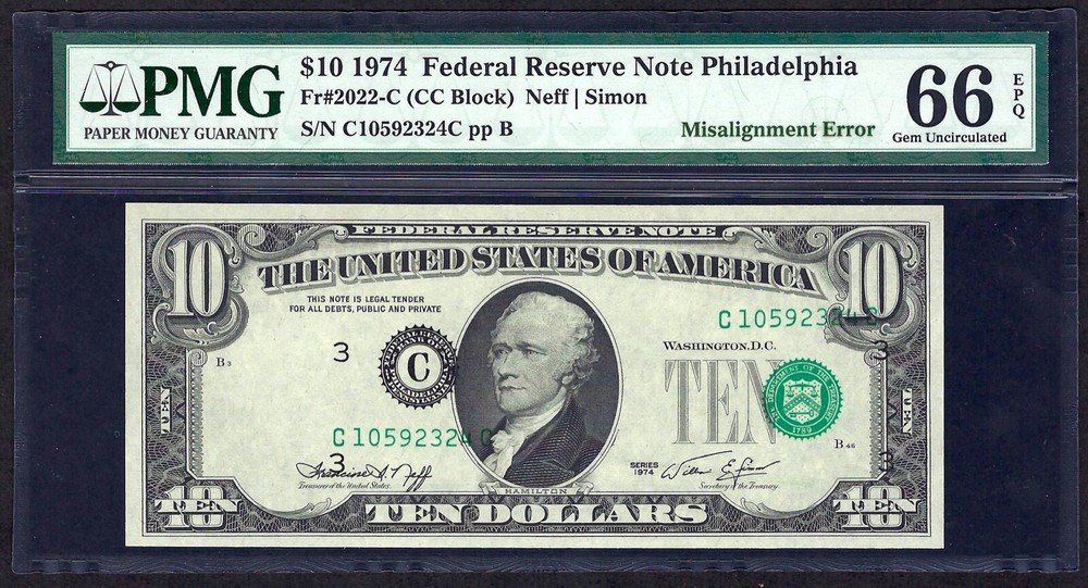🇺🇸 1974 $10 ERROR  ♚♚THIRD PRINT MISALIGNED♚♚  PMG GEM UNC 66 EPQ