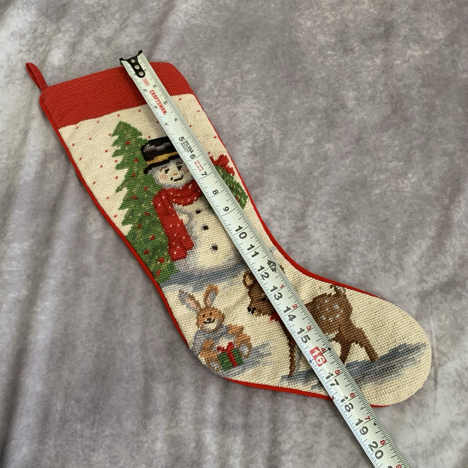 Vintage Needlepoint Wool Christmas Stocking Snowman Reindeer Holiday