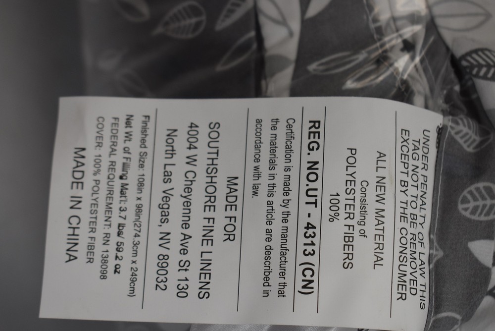 Southshore Fine Linens Comforter King Grey White Leaf Pattern Bedding Polyester