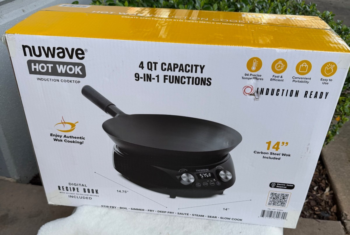 Nuwave Induction Hot Wok with 14" Carbon Steel Wok, Glass Lid & Stand New Sealed