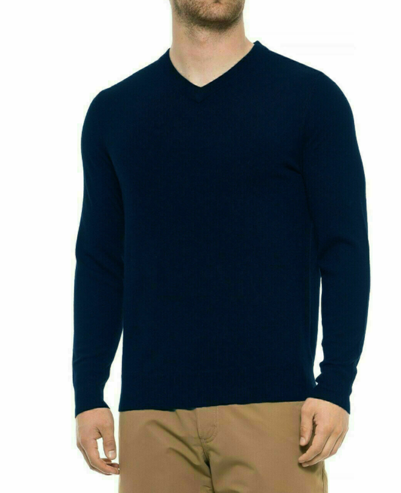 Tahari Men's Extra fine Merino Wool Solid V-Neck Sweater Navy
