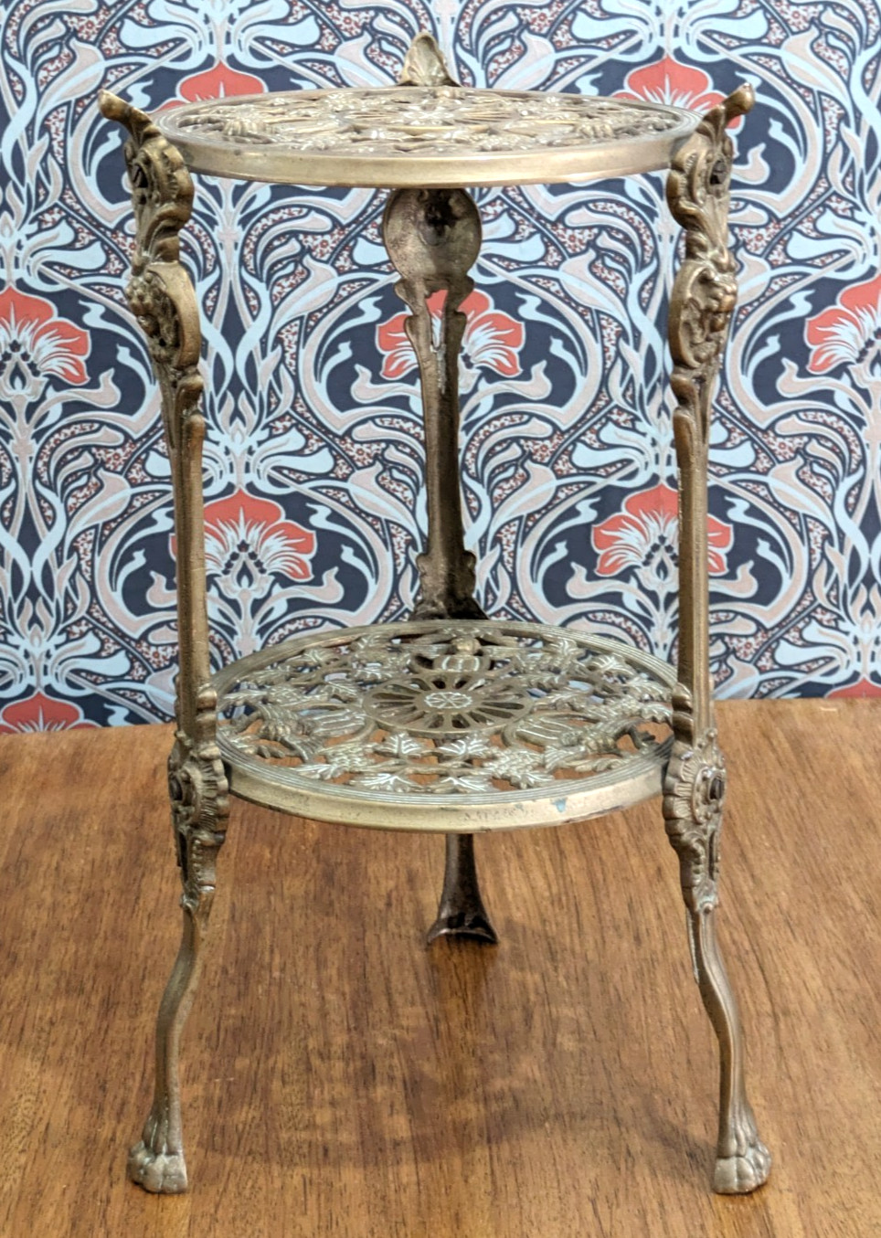 Vintage Ornate Brass Two Tier Side Table Plant Stand Pierced Cherub Angel