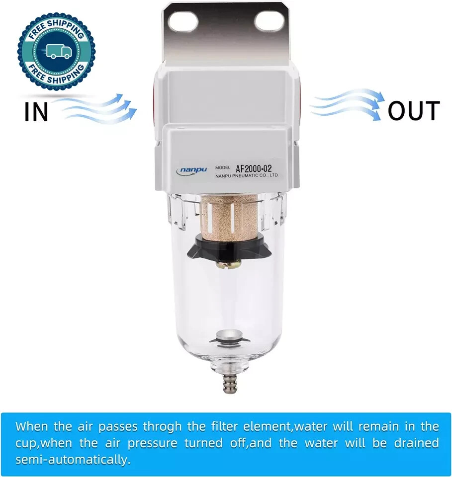 1/4" NPT Compressed Air Line Filter, 5 Micron Brass Element, Bracket, Poly Bowl,