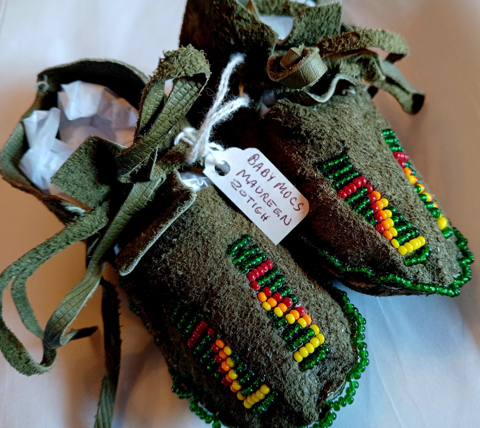Vintage New Kiowa Green Beaded Baby Moccasins by Maureen Zotigh
