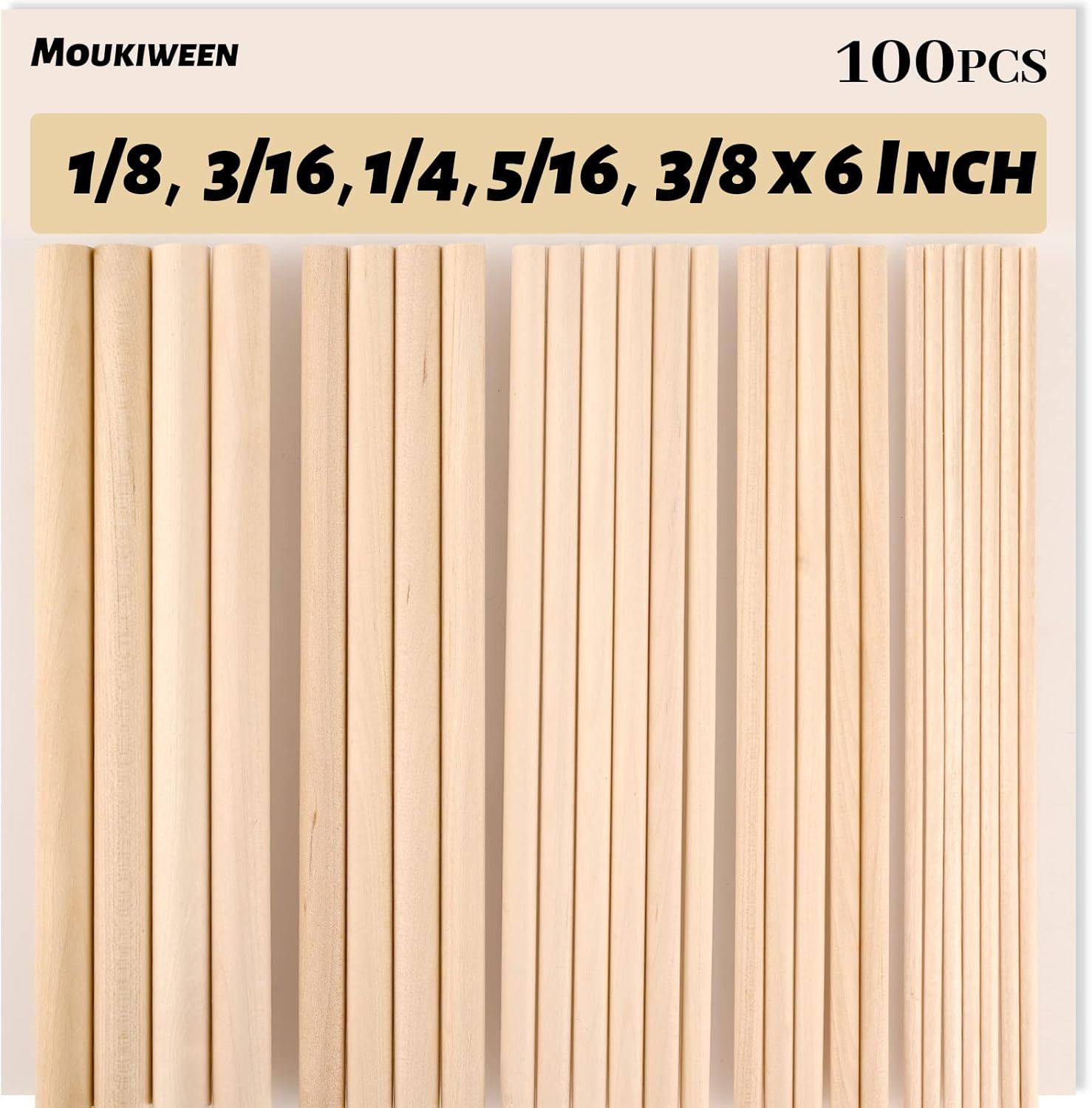 Wooden Dowel Rods, 100PCS 1/8, 3/16, 1/4, 5/16, 3/8 X 6 Inch Assorted Sizes roun