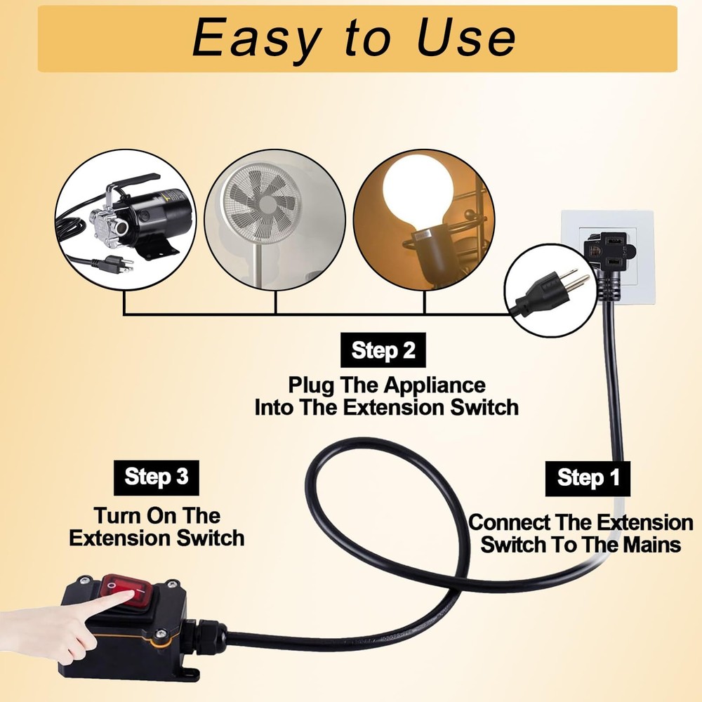 Inline Cord Switch 3ft Cable Waterproof 3-Pronged Plug On/Off Rocker Button