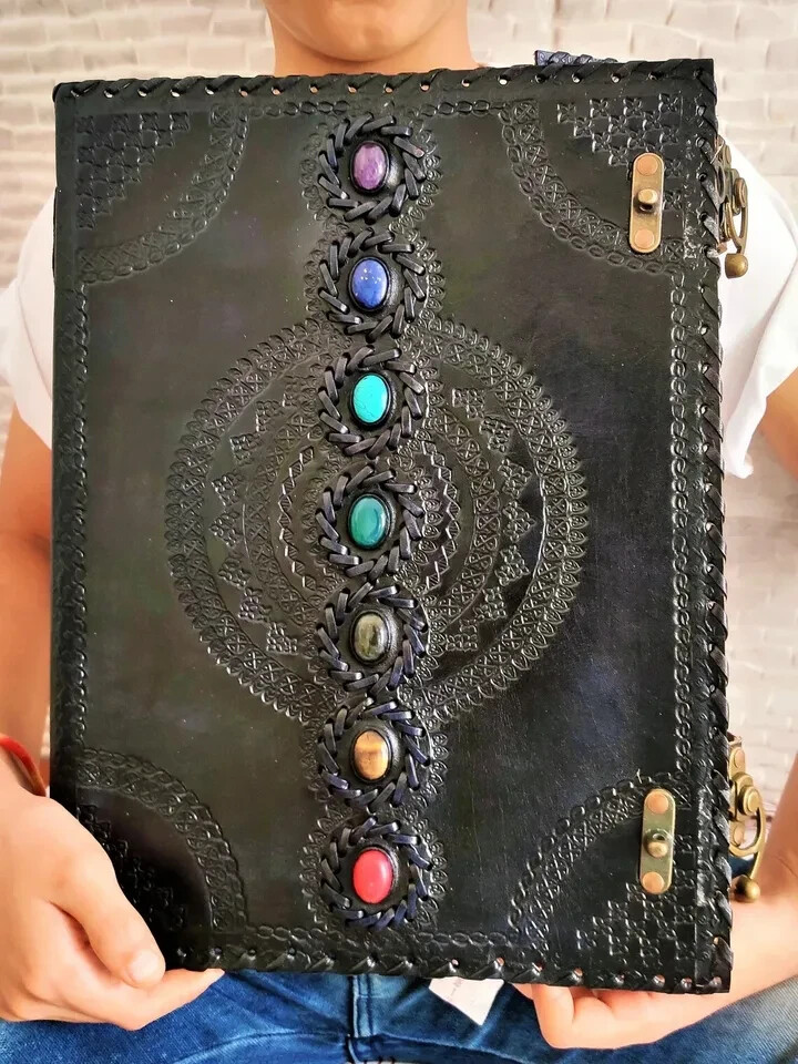 EXTRA LARGE Big Real Leather Seven Stone Embossed Book Journal Notebook