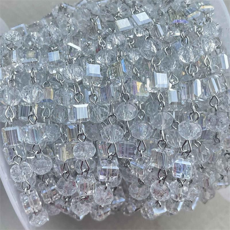 Crystal AB Cube Rondelle Beaded Rosary Silver Eyepin Chain 8mm Q2ft per Pkg