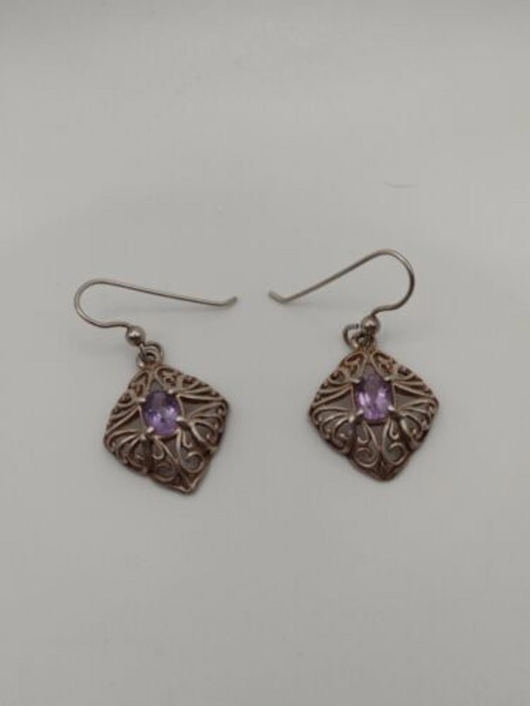 Purple Amethyst  Scroll Design 925 Sterling Silver Dangle Drop Earrings