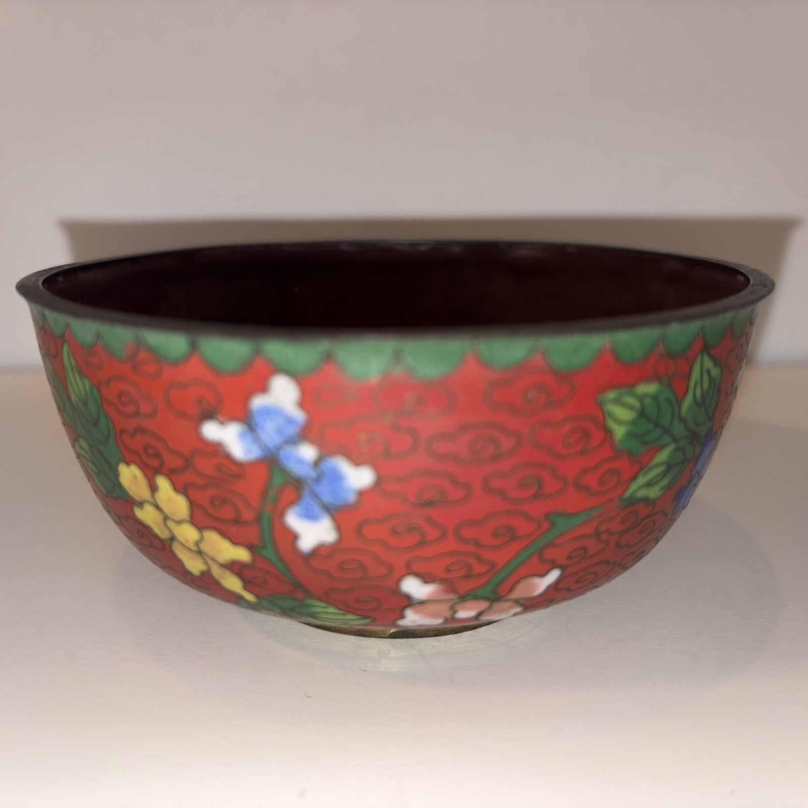 Vintage Cloisonné Enamel Bowl Maroon/green/blue China 4.5” Flowers