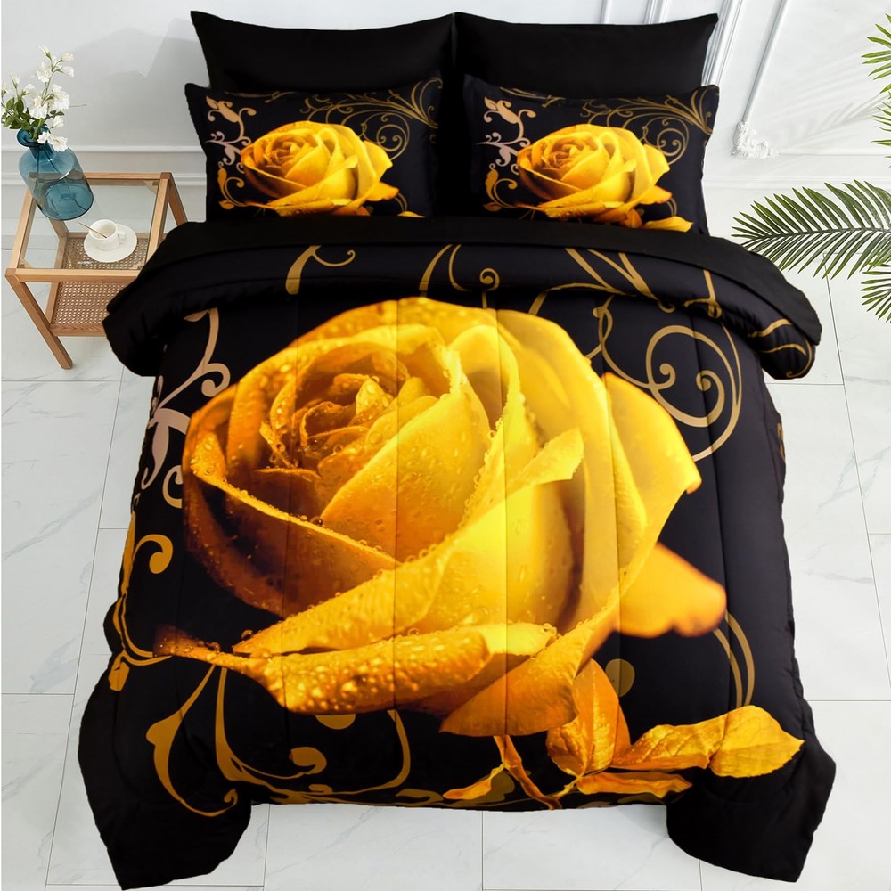 WONGS BEDDING Yellow Comforter Set King, Reversible Rose