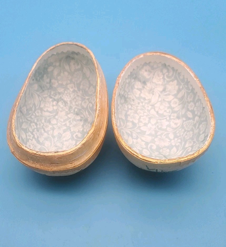 2 Hand Painted Decoupage Paper Mache Easter Egg Container Boxes Victorian Style