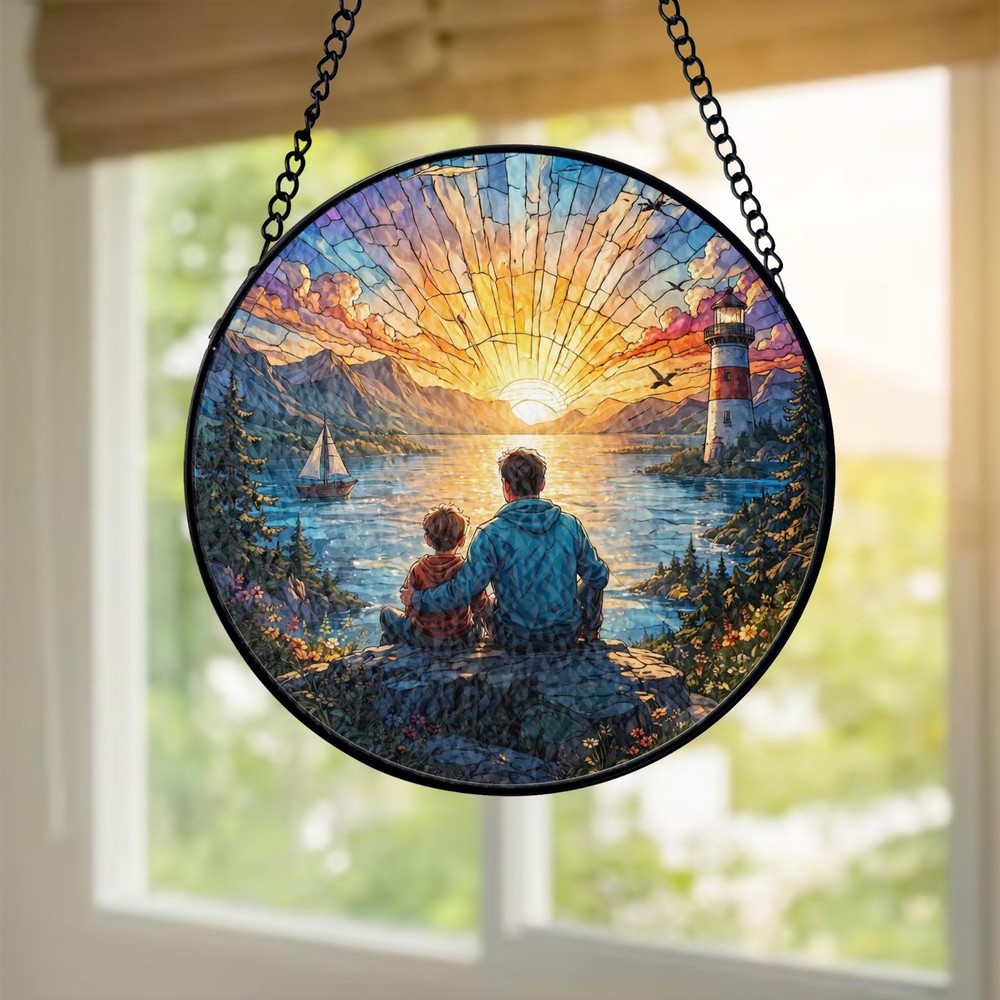 Father Son Lighthouse Suncatcher, Sunset Window Decor Gift