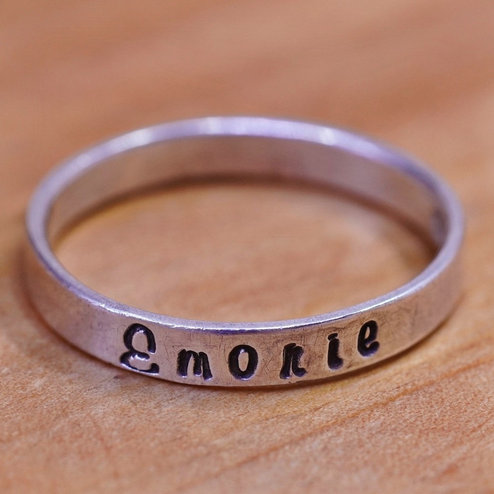 Size 7.75, Sterling silver handmade ring, 925 name “emorie” band, stackable