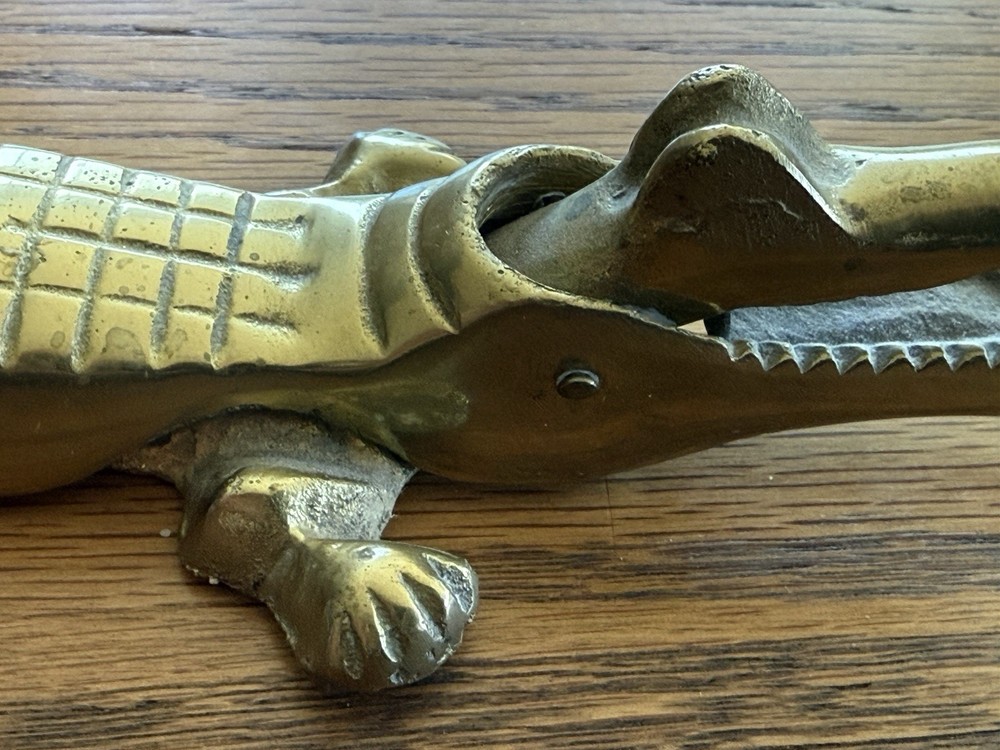 Vintage Solid Brass Alligator Crocodile Nutcracker MCM Figurine 10"