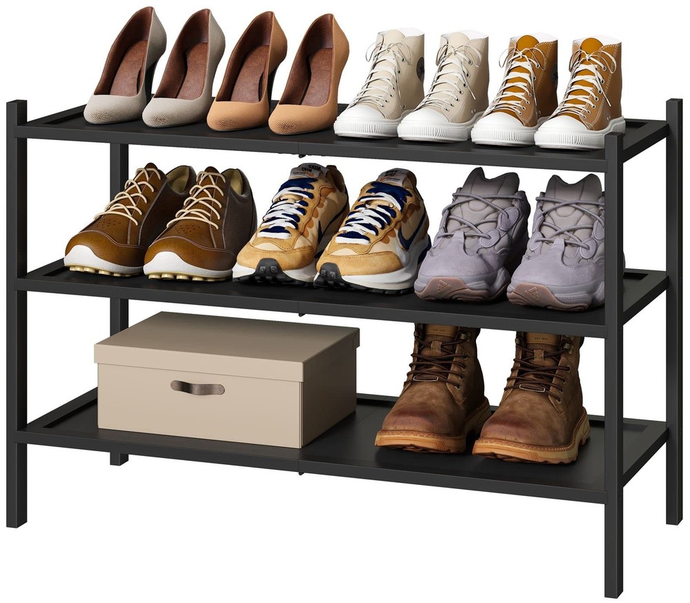3-Tier Black Shoe Rack for Entryway, Stackable | Foldable | Natural, Shoe Org...