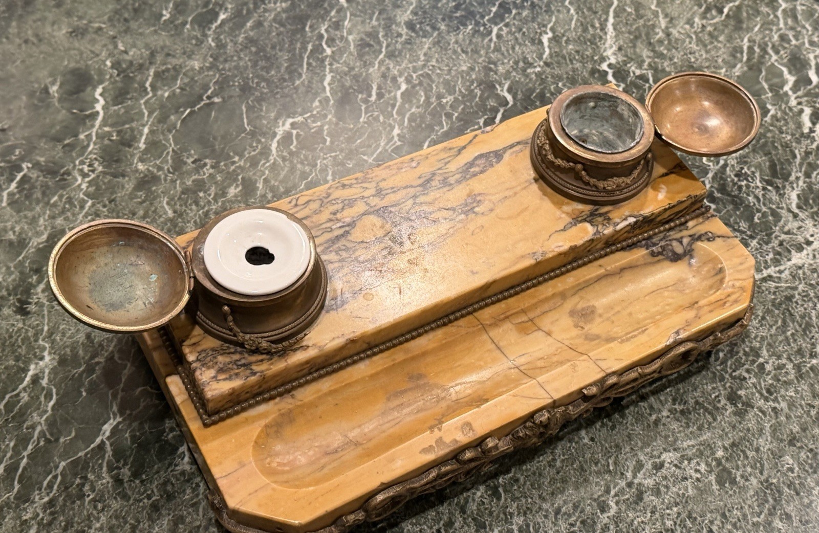 Napoleon III Large French Double Ink Well - Brass With Footed Marble Base