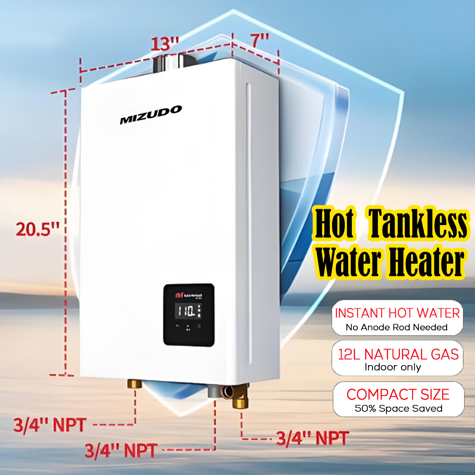Tankless Water Heater Natural Gas 80,000 BTU, On-Demand Indoor Instant Hot Water