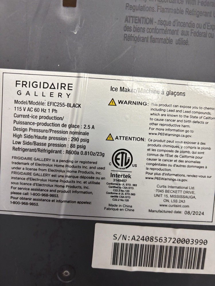 Frigidaire Gallery Ice Maker EFIC255 Replacement PARTS, BACK PANEL