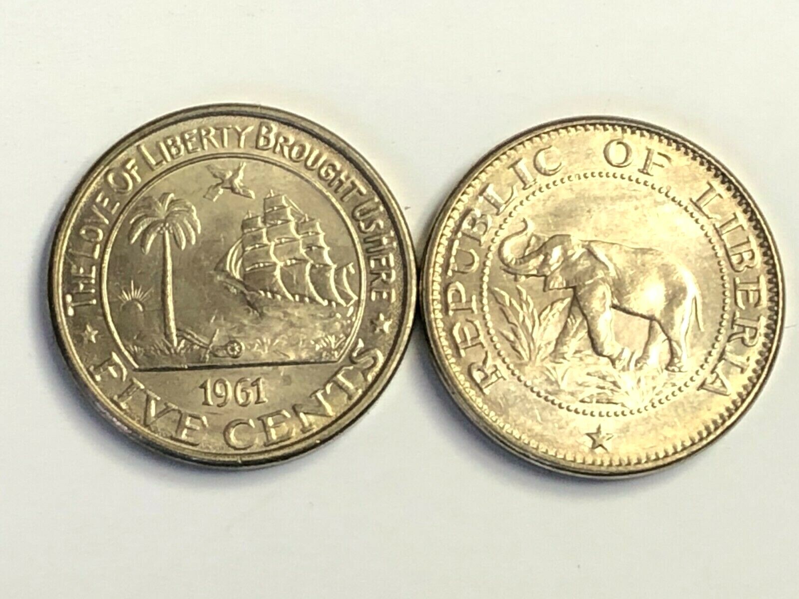 1961 LIBERIA 5 Cents African ELEPHANT & Ship coin, KM#14, UNC