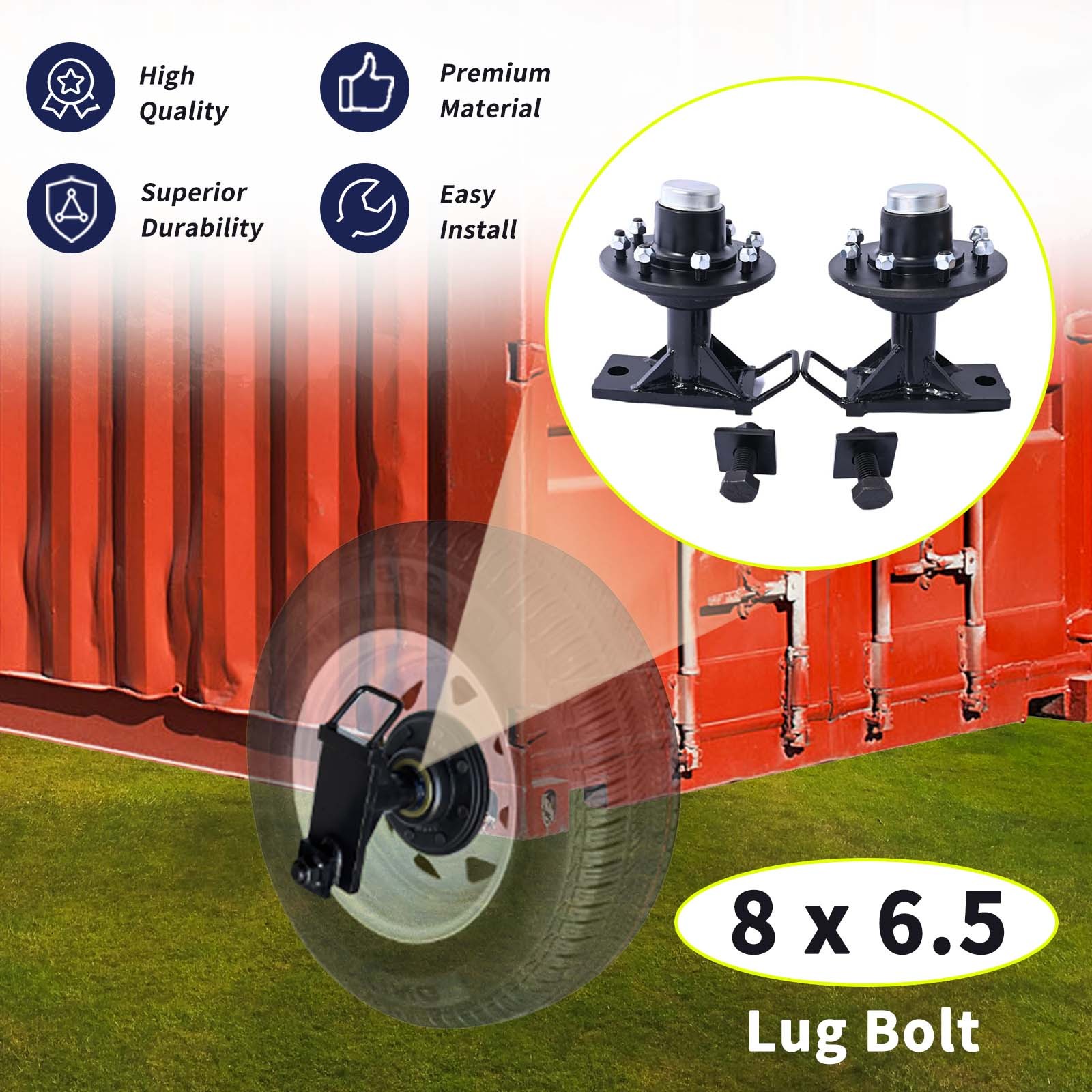Pair 8 x 6.5 Lug 9000LB Shipping Container Wheels, Bolt-on Spindle Kit