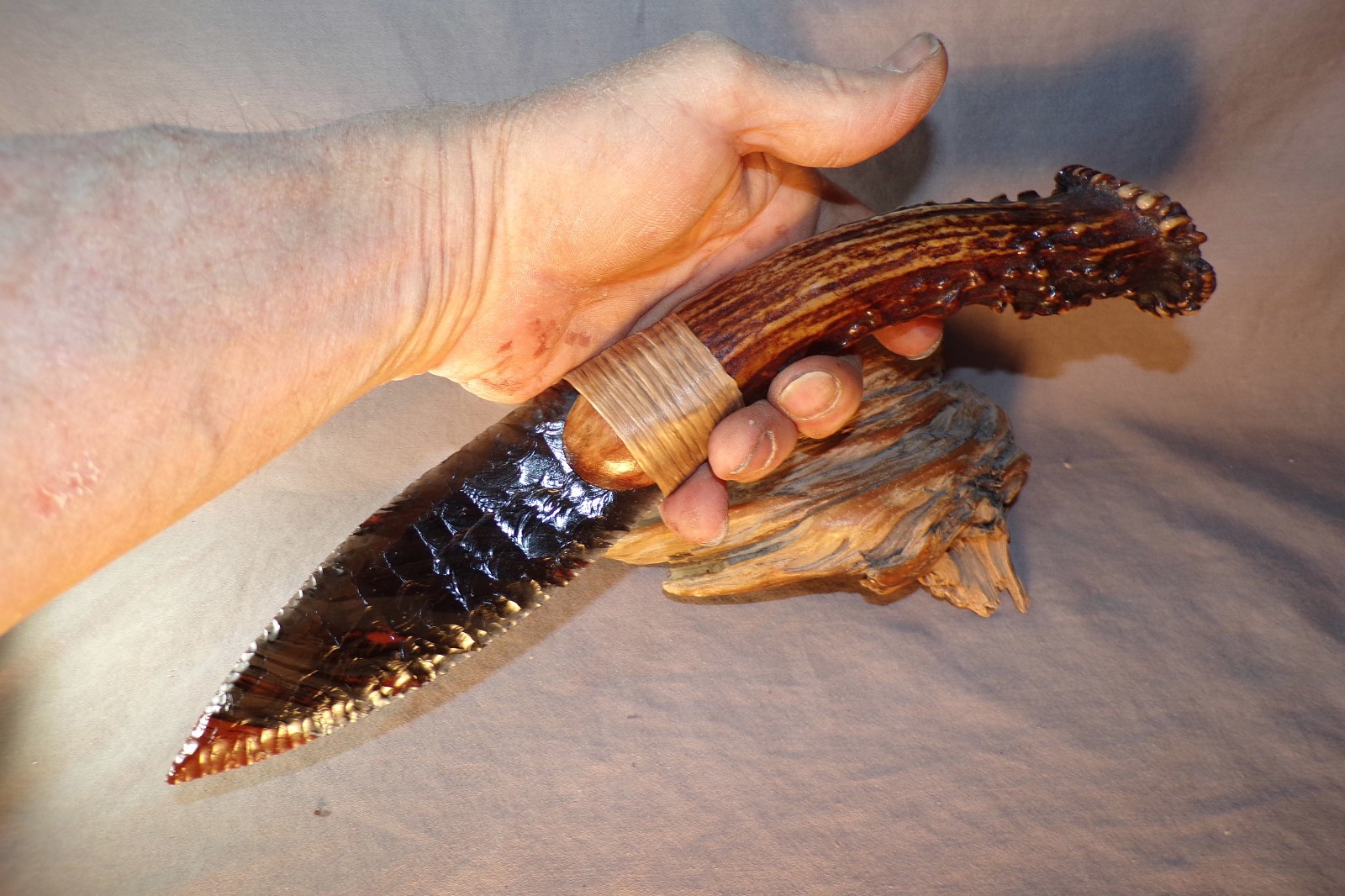 Large Triple Flow Obsidian Paleo Knife Flint Knapping Black Powder Antler Handle