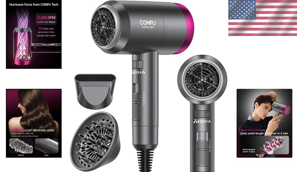 Fast Drying Ionic Blow Dryer with 3 Heat Settings & Infinity Speed Control, Grey