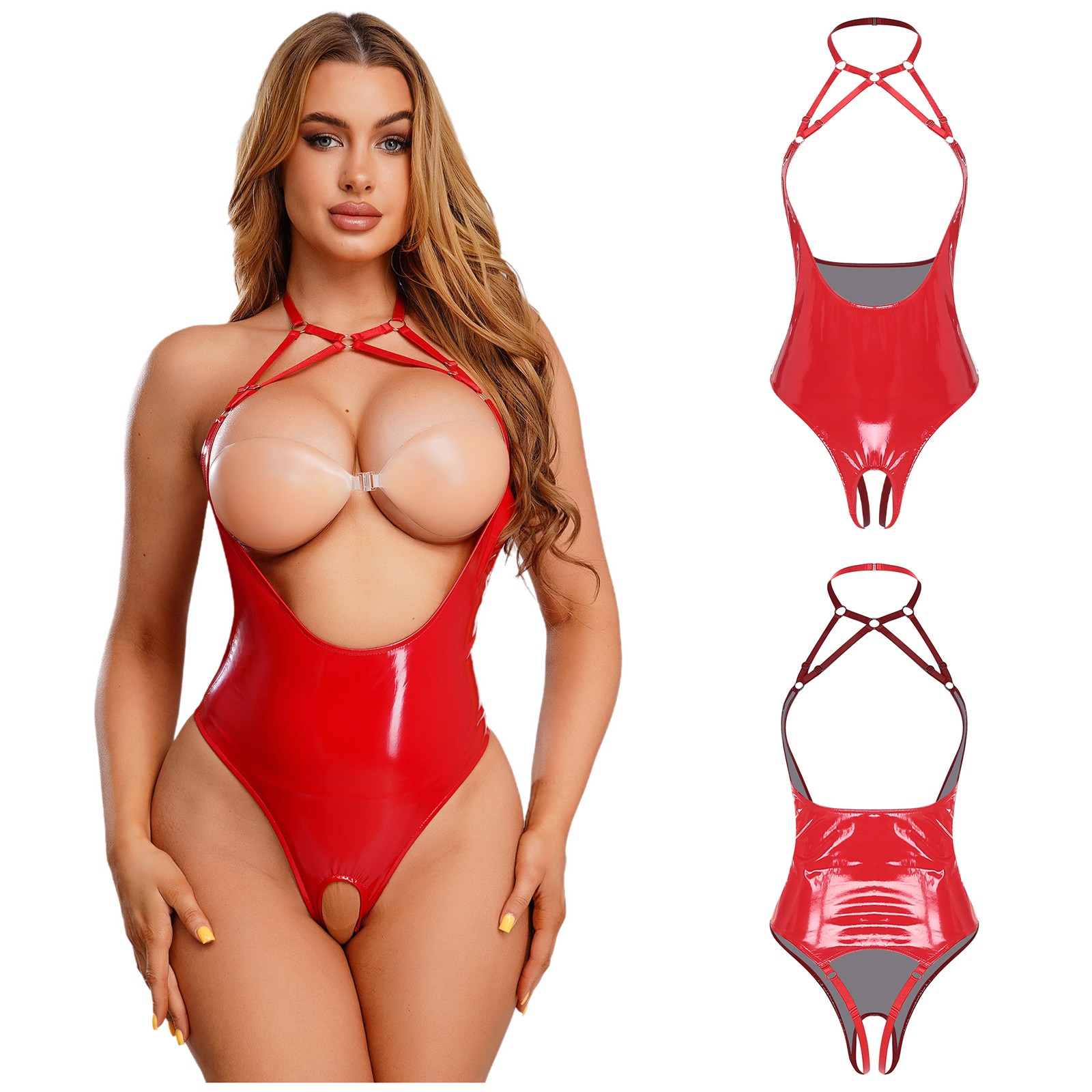Womens Faux Leather Hollow Out Bodysuit Halter Neck Open Chest High Cut Leotard